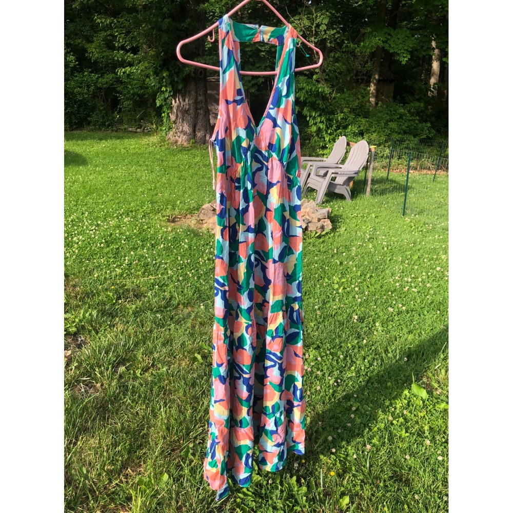 Jessica Simpson Womens Small Abstract Floral Halter Maxi Dress Pink Green Blue